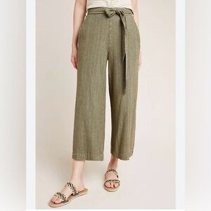 Anthropologie Linen Cotton Cropped Wide Leg Culotte Pants Olive Extra Small